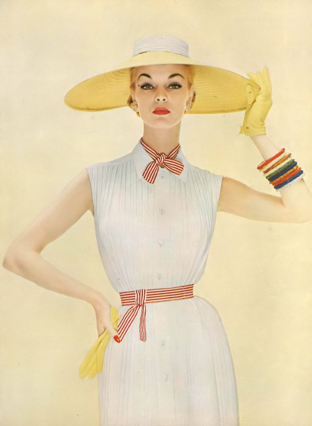 Jean Patchett In White Tucked Crêpe Dress By David Crystal, Sally Victor Hat, Vogue, 1954.