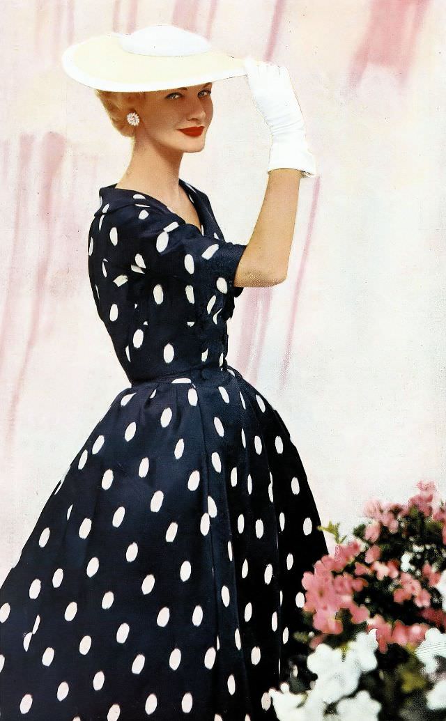 Sunny Harnett In Navy And White Silk Dress By Kaspar, Sally Victor Hat, Ladies' Home Journal, April 1954.