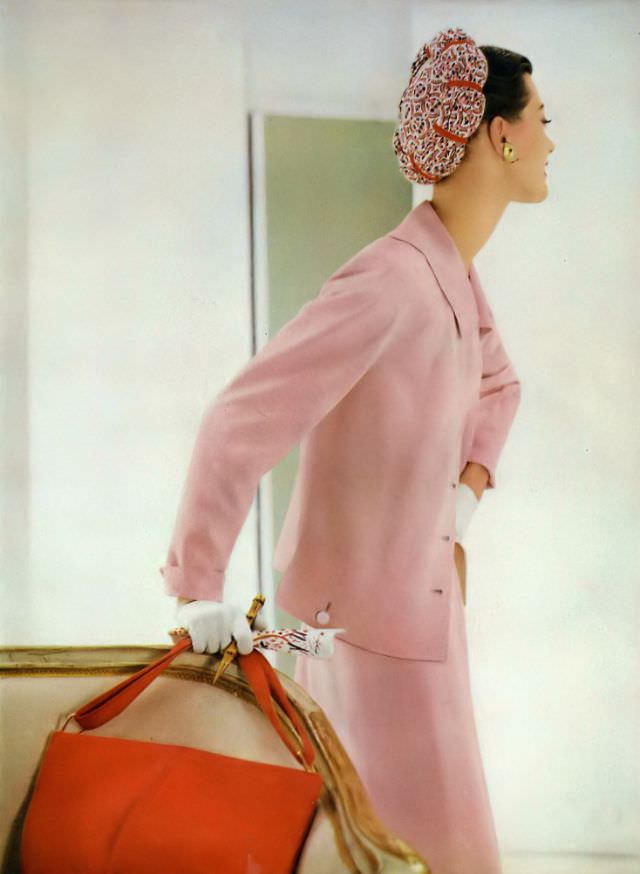 Barbara Mullen In Handmacher Weathervane Suit, Sally Victor Turban, Vogue, April 1, 1955.
