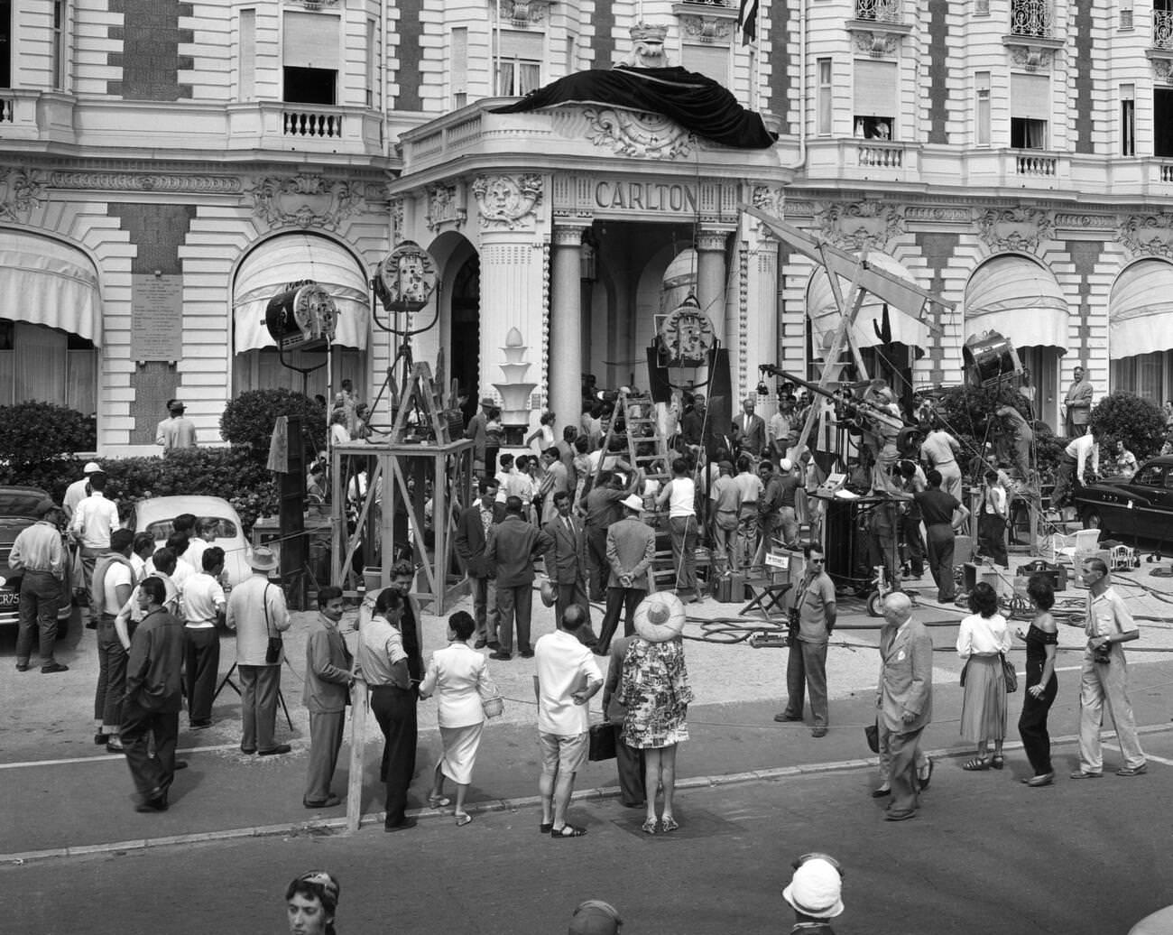 Alfred Hitchcock, Cary Grant, And Grace Kelly On Set Of &Amp;Quot;To Catch A Thief,&Amp;Quot; Hotel Carlton, Cannes, 1954