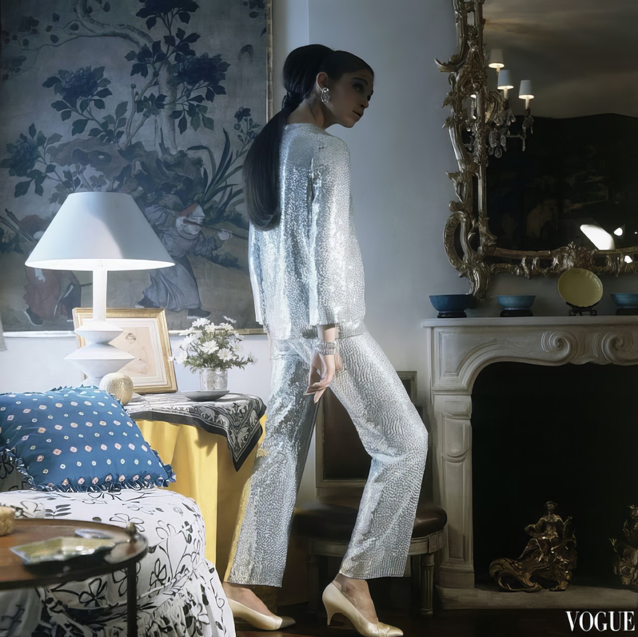 Ann Turkel In Pale Blue Crepe Embroidered With Silver Paillettes By Norman Norell, 1966.