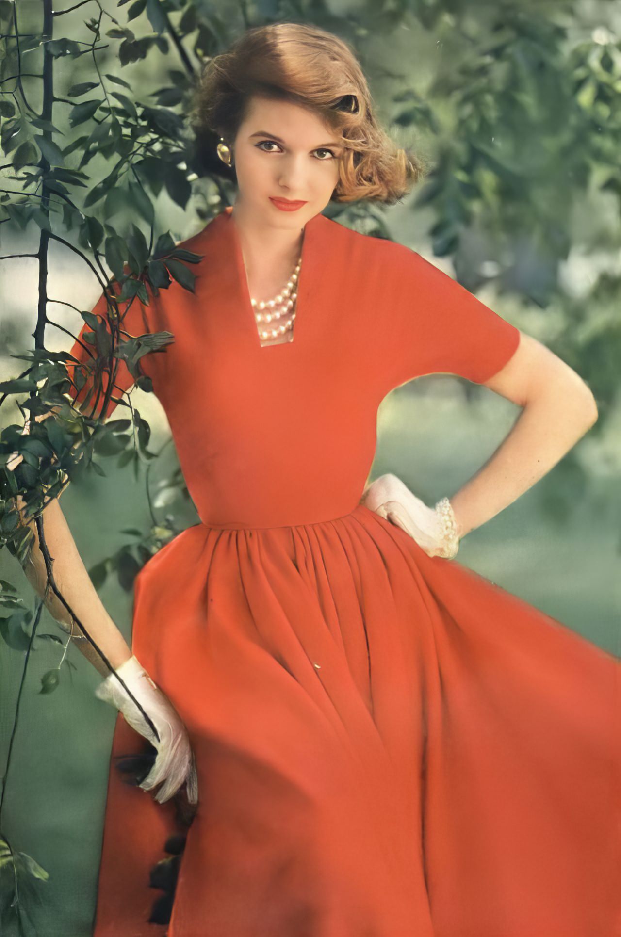 Kathleen Wallace In A Red Wool Flannel Dress By Anne Fogarty, Vogue, August 1, 1955.