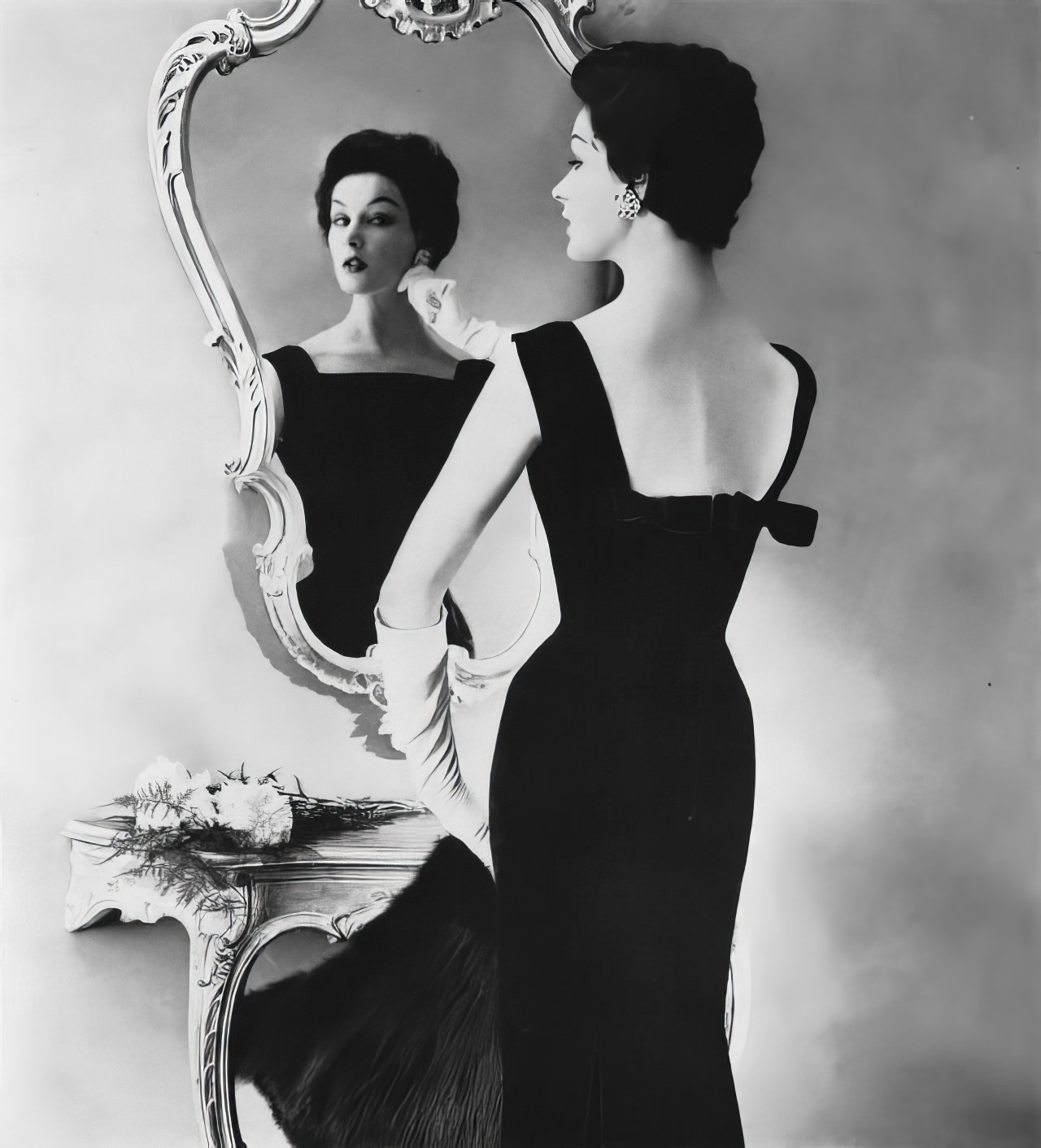 Betsy Pickering In A Velveteen Sheath By Anne Fogarty, Vogue, August 1, 1956.