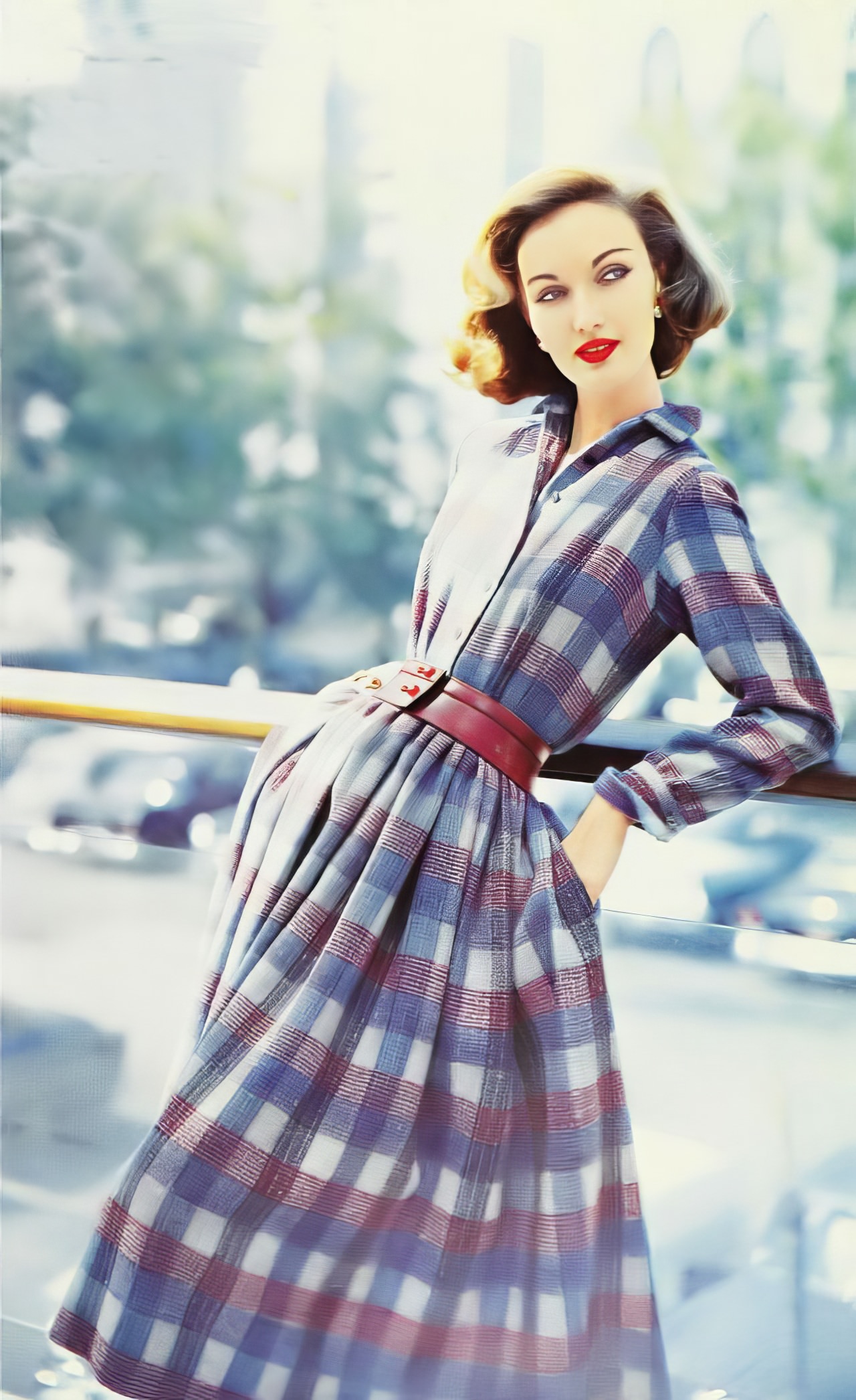 Evelyn Tripp In A Plaid Wool Dress By Anne Fogarty, Ladies' Home Journal, October 1957.