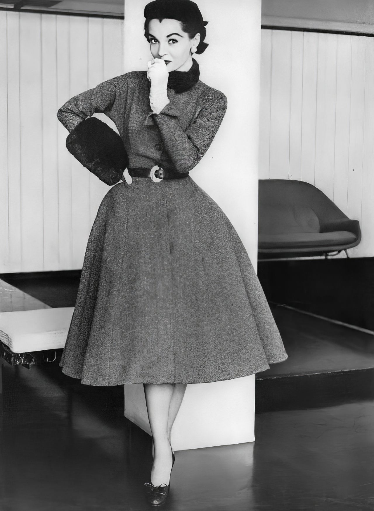 Nan Rees In A Tweed Coat-Dress By Anne Fogarty, Vogue, August 15, 1951.