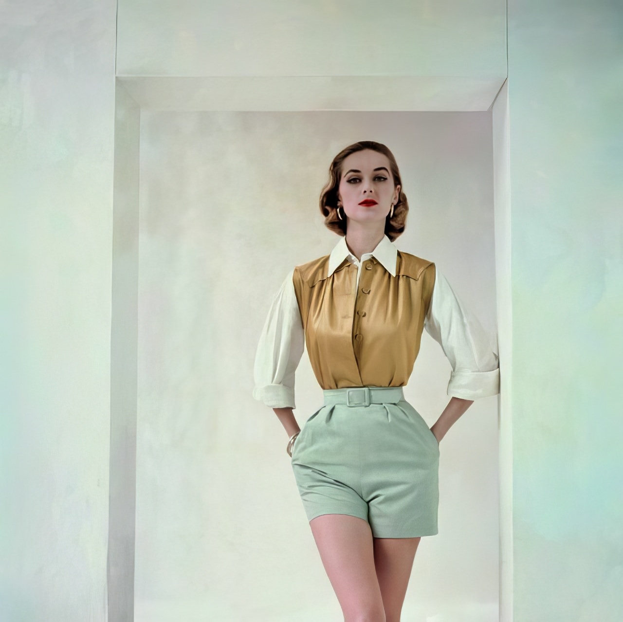 Carol Mccallson In Gold, White, And Aqua Attire By Brigance Of Sportsmaker, Glamour, April 1953.