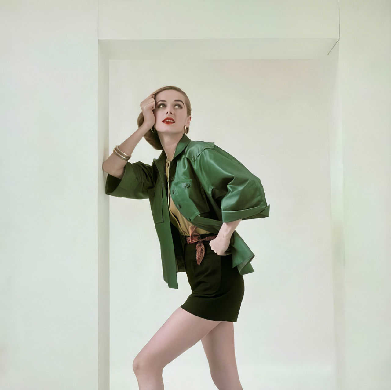 Carol Mccallson In Green, Gold, And Black Attire By Brigance Of Sportsmaker, Glamour, April 1953.