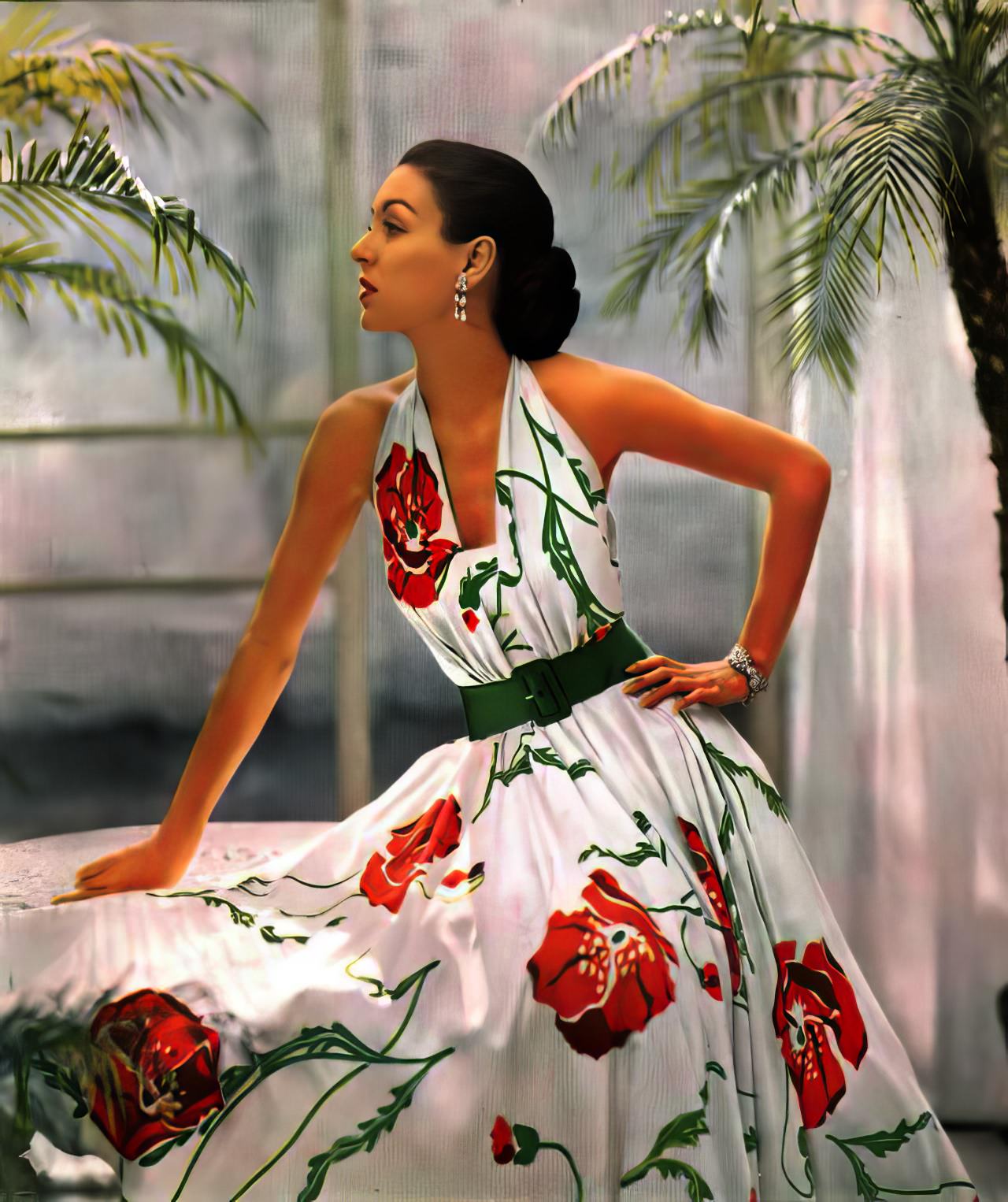 Model In A Floral Print Crêpe Dinner Dress By Joseph Whitehead For Herbert Sondheim, Harper'S Bazaar, January 1950.