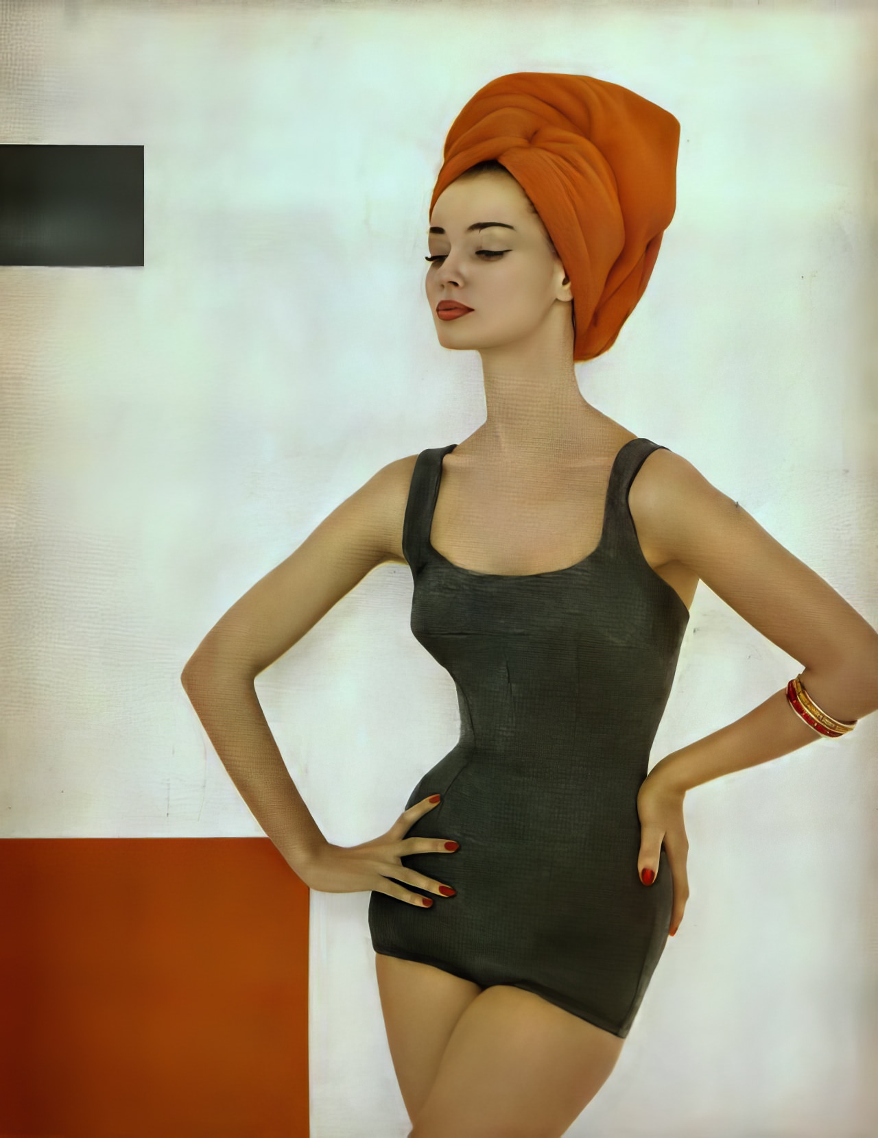 Dolores Hawkins In A Heathery Jersey Swimsuit By Maurice Handler Of California, Harper'S Bazaar, June 1957.