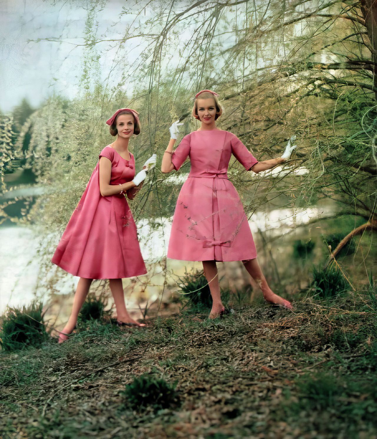 Iris Bianchi And Lois Wideman In Pink Satin Party Dresses, 1958.