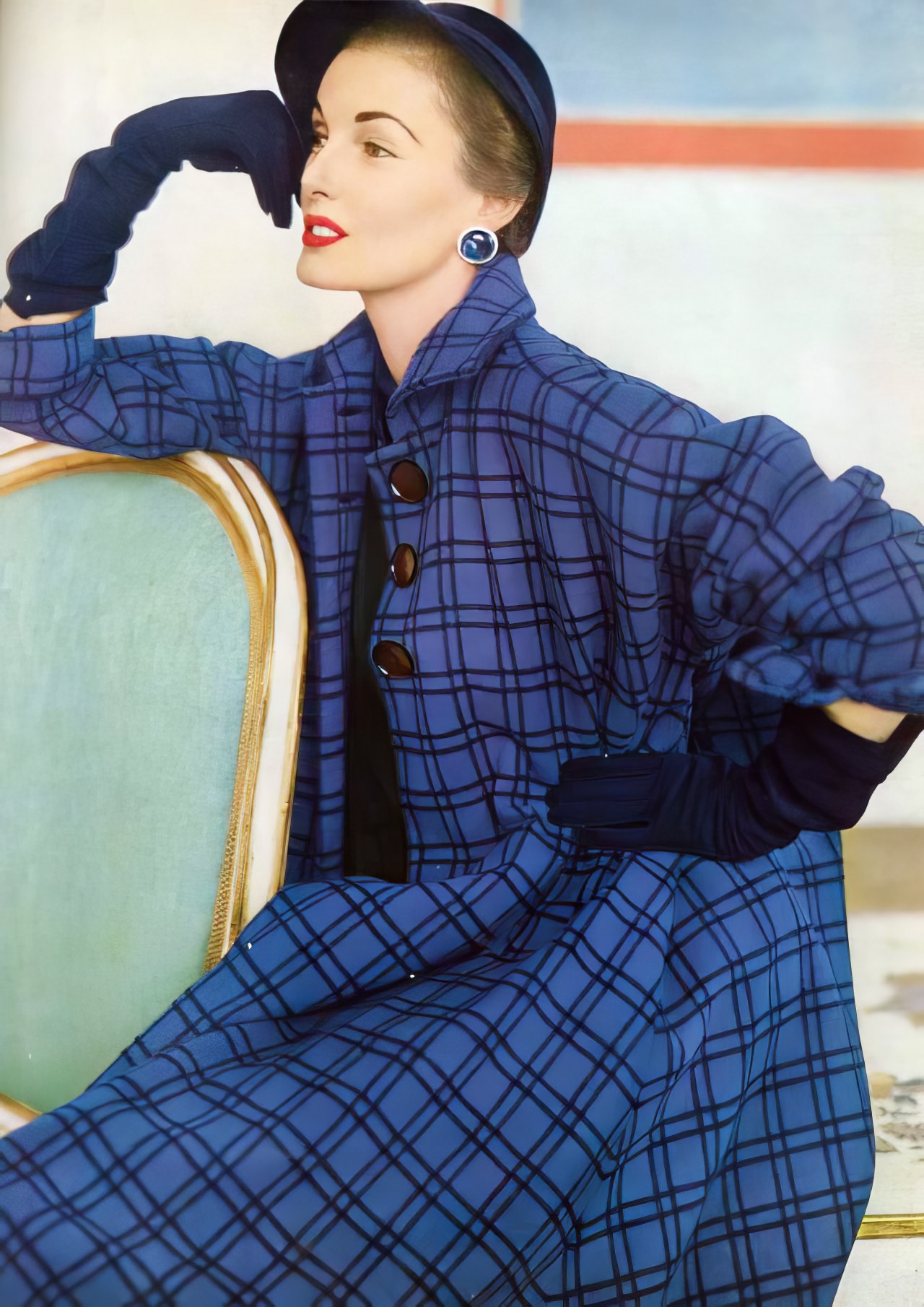 Elise Daniels In A Blue And Black Check Flared Coat By Juilliard Wool For Junior Sophisticates, Vogue Us, September 1951.