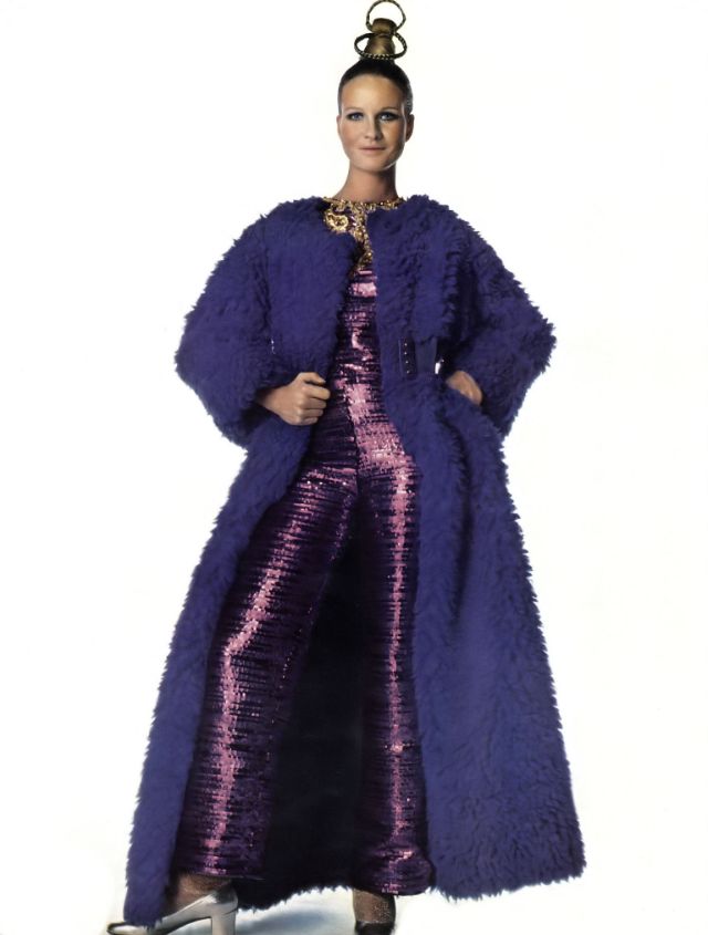 Françoise Rubartelli In A Bright Purple Sequined Jumpsuit By Marc Bohan For Dior, 1968.