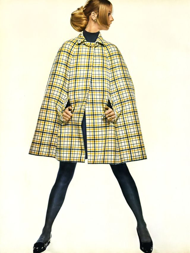Françoise Rubartelli In A Worsted Bright Yellow Over Navy Overplaid By Handmacher, 1968.