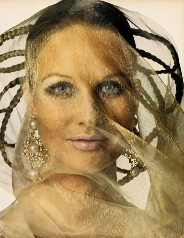 Françoise Rubartelli Wearing Golden Gauze Around Her Head By Yves Saint Laurent, 1968.