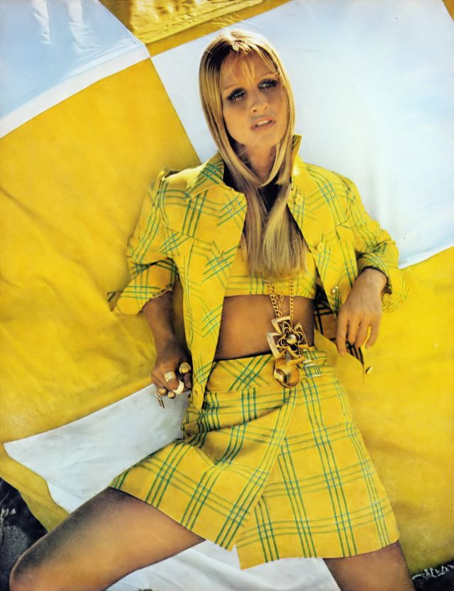 Françoise Rubartelli In A Lemon-Yellow And Green Plaid Three-Piece By Ginori, 1969.