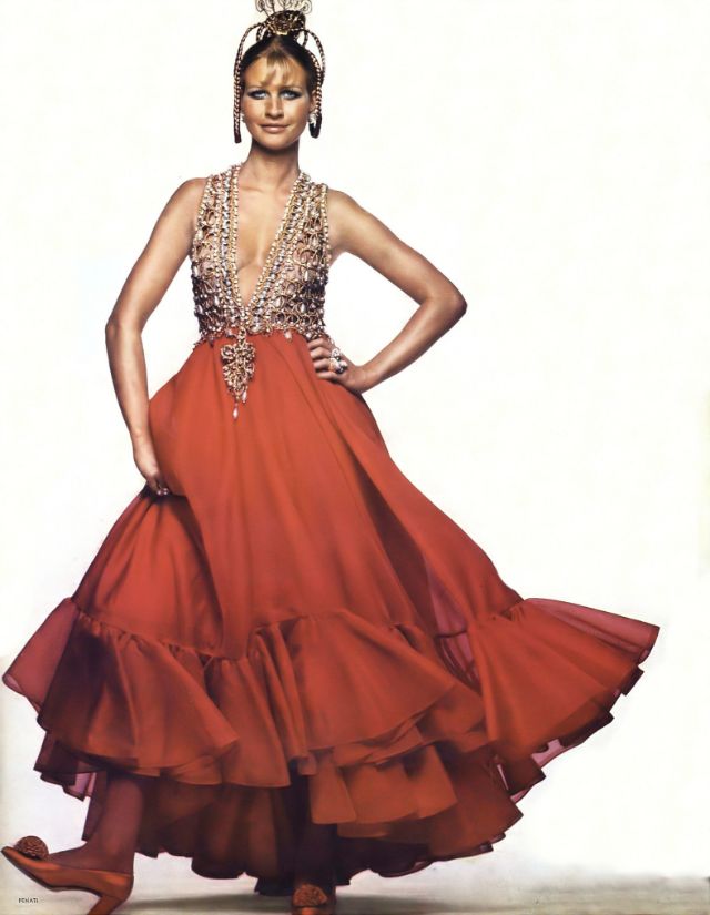 Françoise Rubartelli In A Shimmery Bodice And Scarlet Flounced Skirt By Oscar De La Renta, 1969.