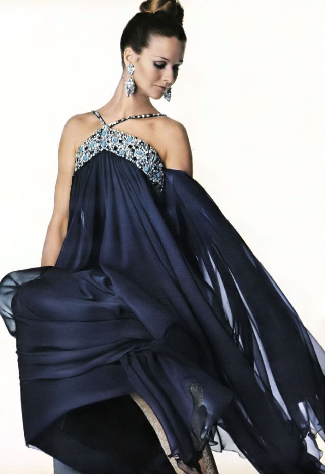 Françoise Rubartelli In A Midnight-Blue Silk Chiffon Dress By George Halley, 1968.