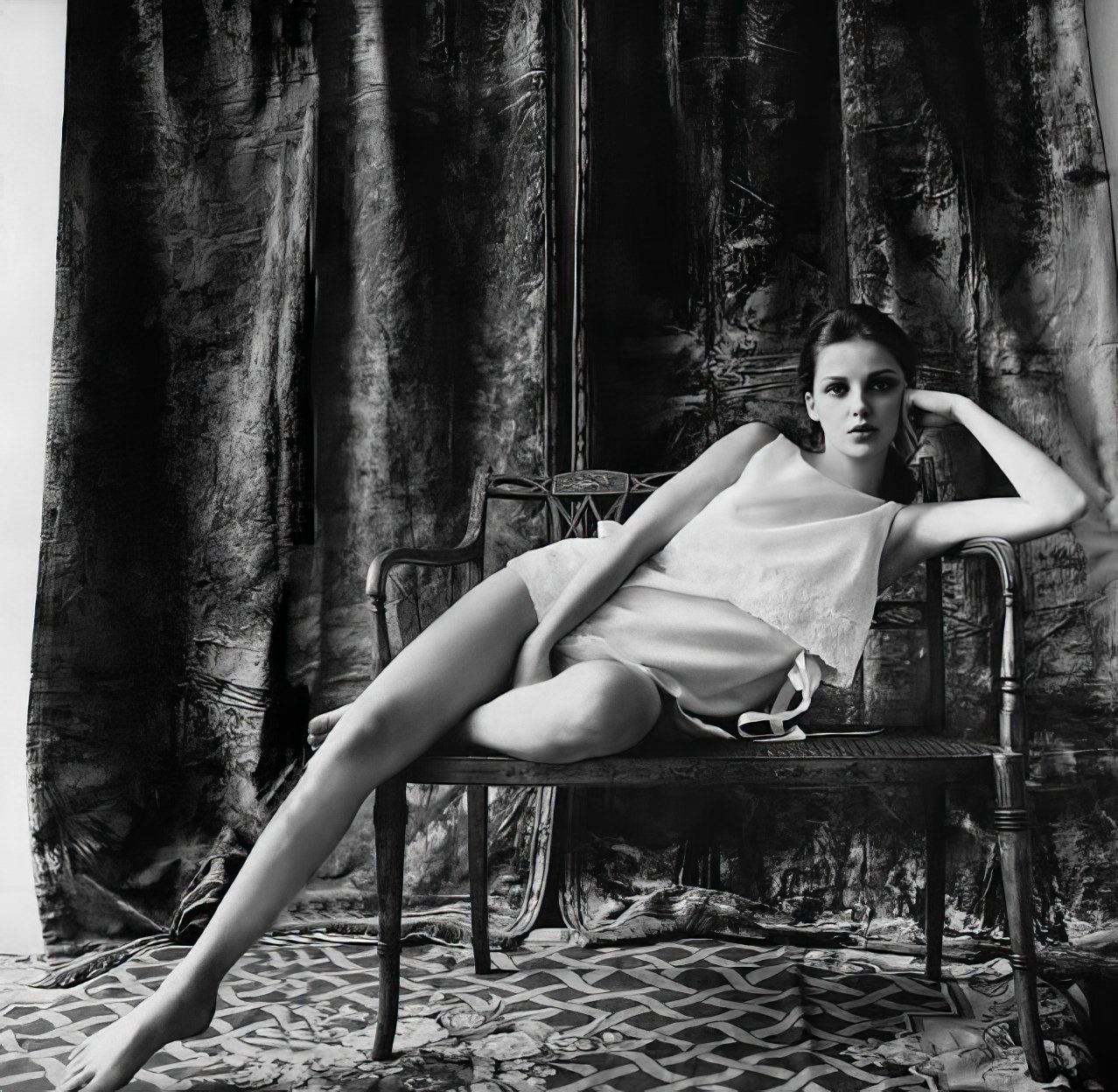 Donna Mitchell In A White Batiste Dress With Pink Ribbon By Iris, Vogue, February 1, 1965.