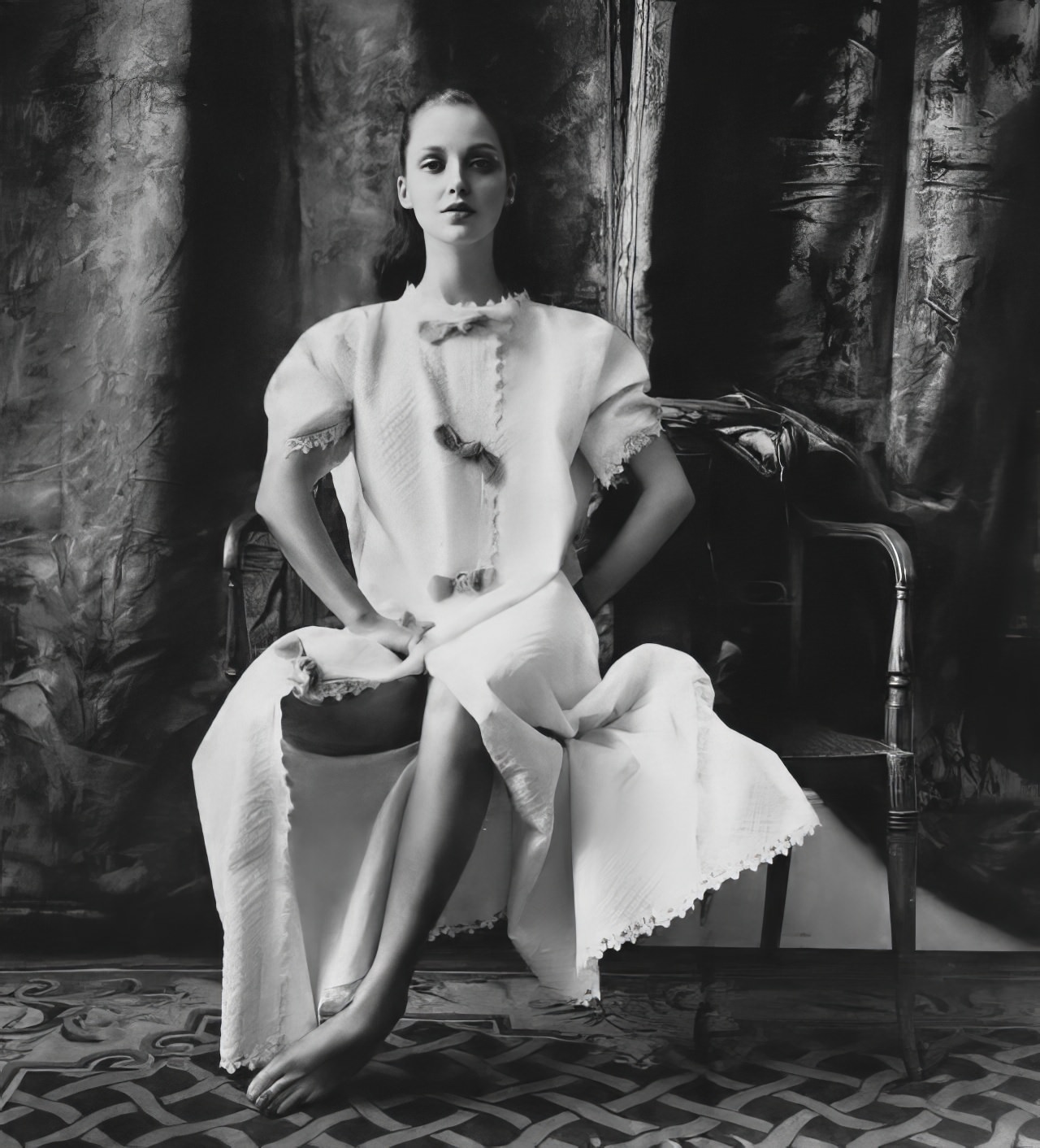 Donna Mitchell In A White Cloque Nightdress By Iris, Vogue, February 1, 1965.