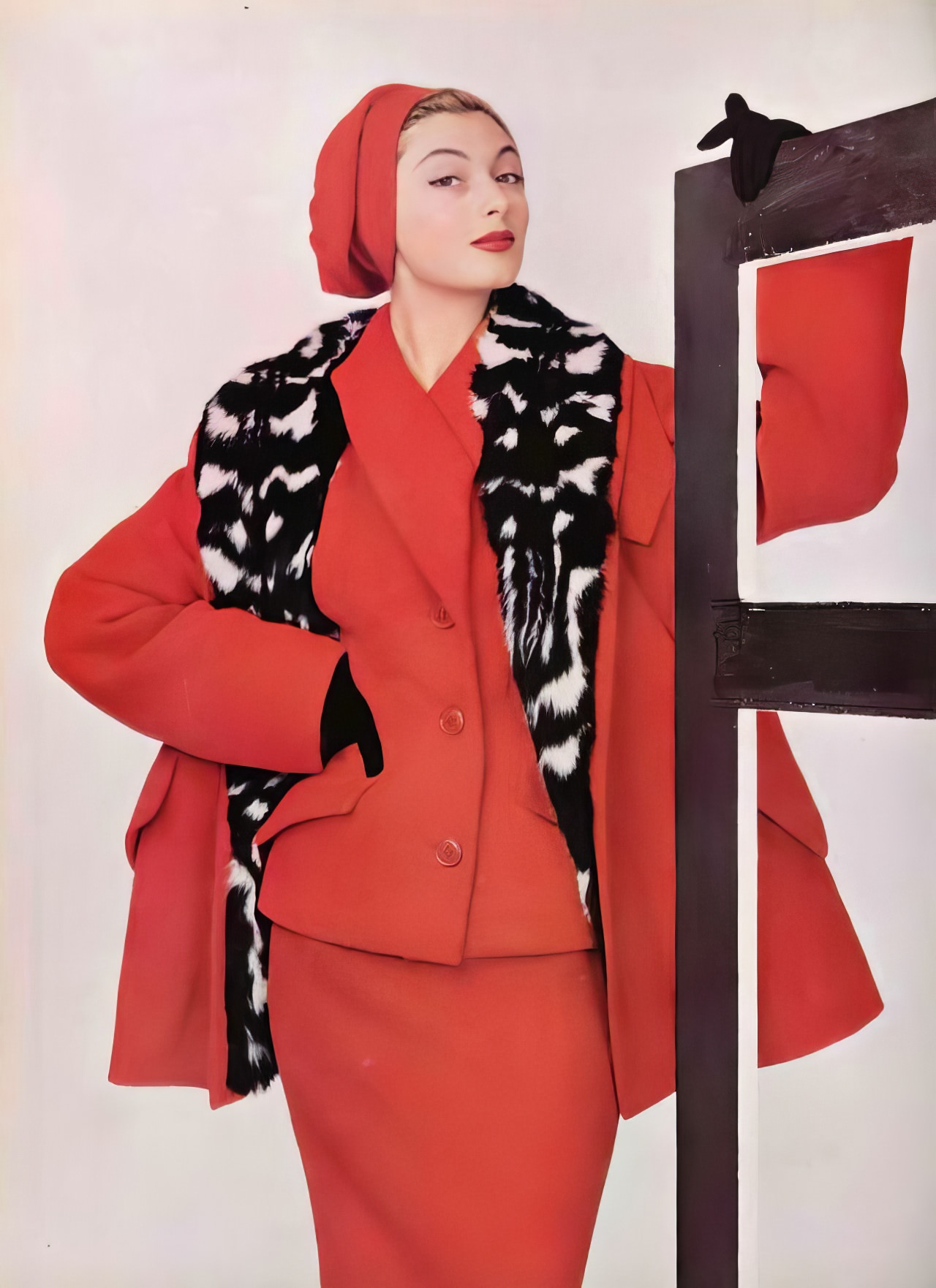 Marie-Hélène In A Red Wool Suit By Jean Patou, 1954.
