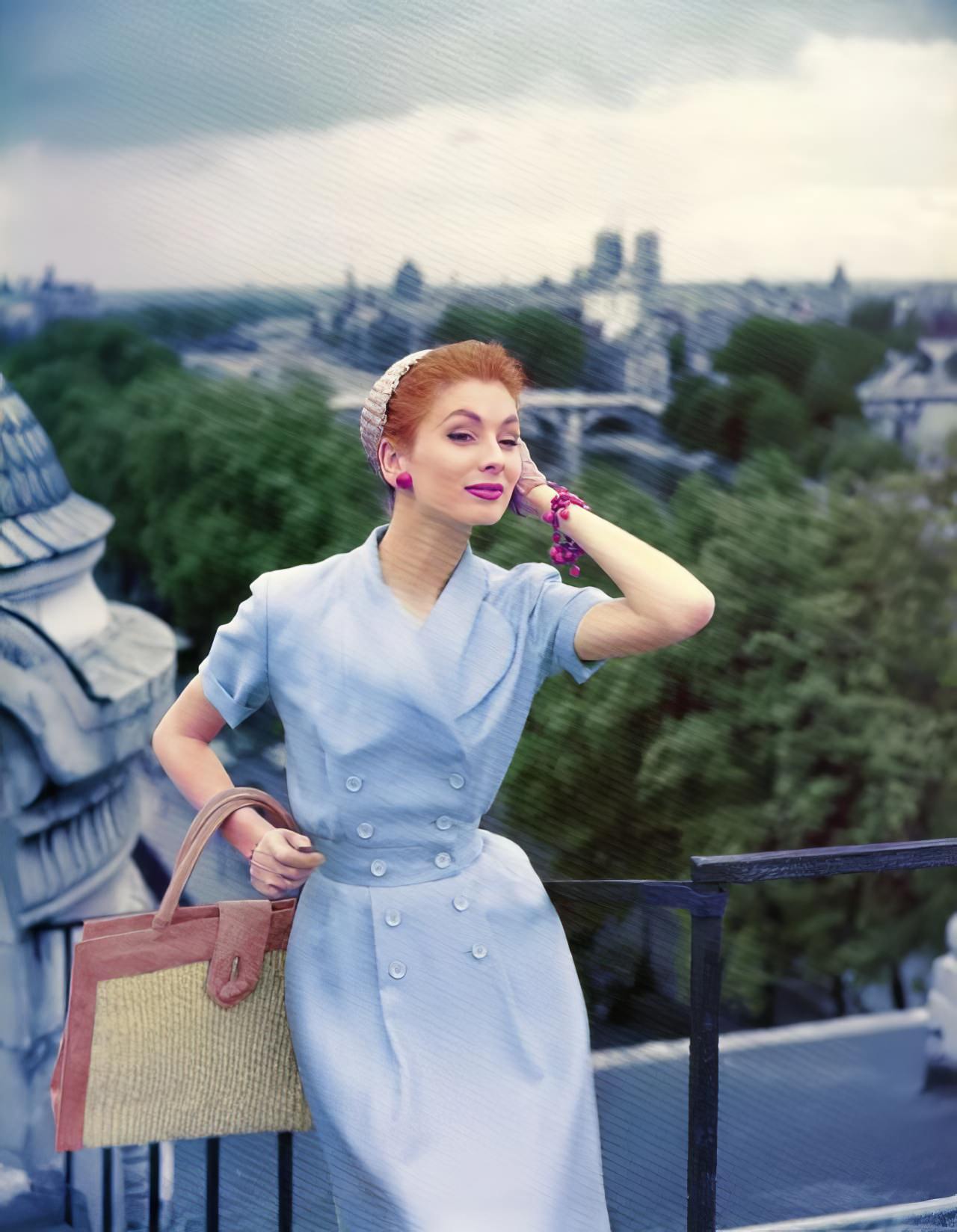 Suzy Parker In A Dress By Jean Patou On The Louvre Museum Roof, Elle, July 1954.