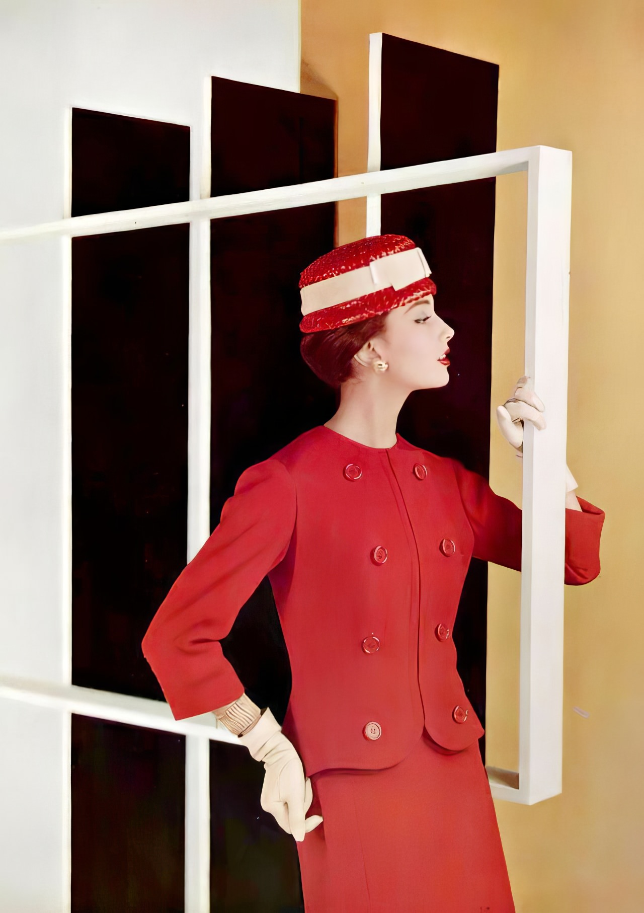 Marie-Hélène Arnaud In A Red Wool Suit By Jean Patou, 1956.