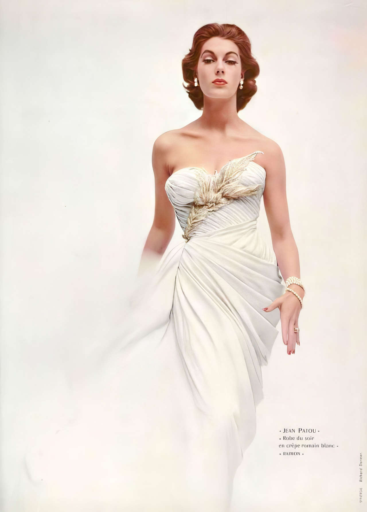 Fiona Campbell-Walter In A White Crepe Evening Gown By Jean Patou, L'Officiel, 1952.