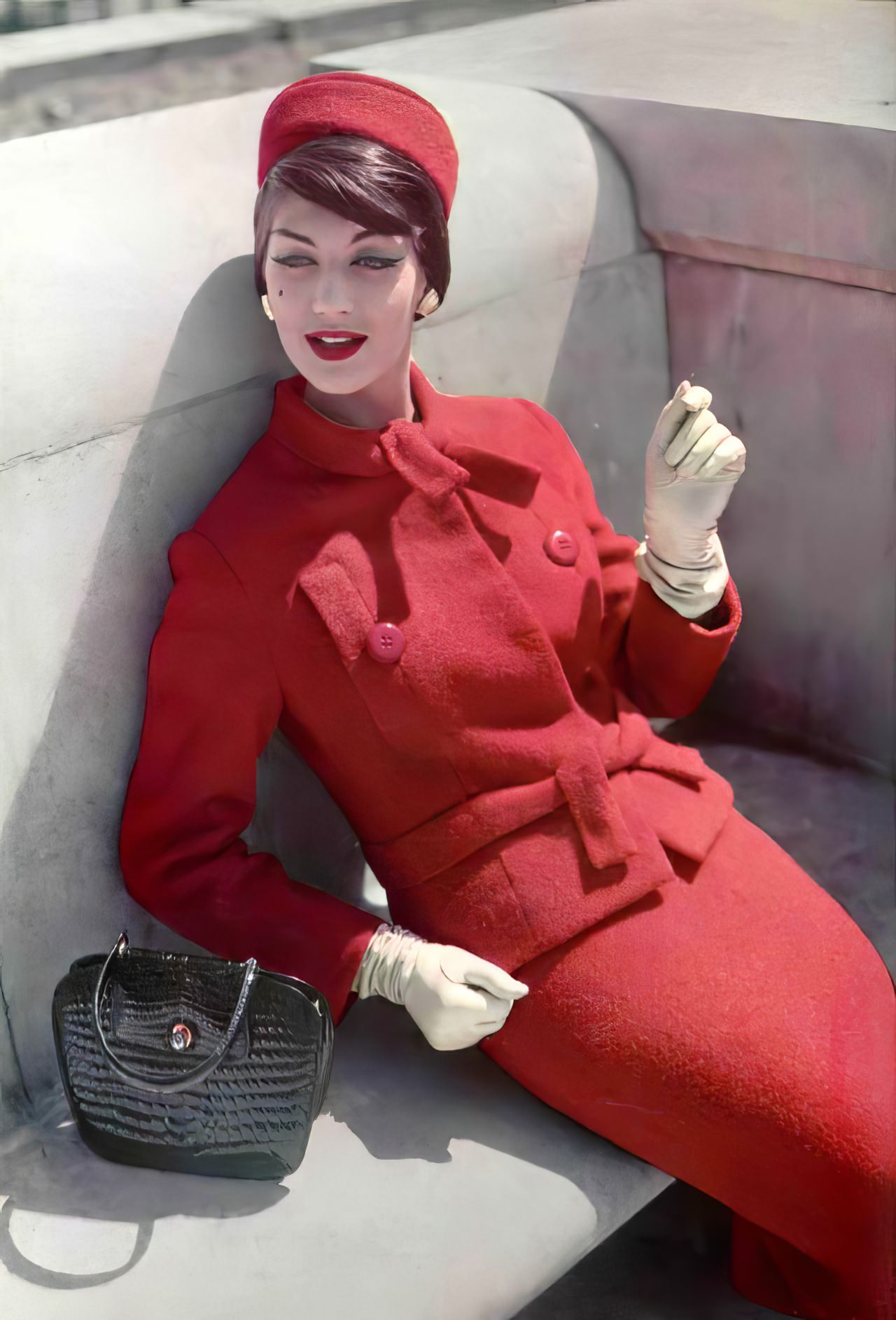 Simone D'Aillencourt In A Red Wool Bouclé Suit By Jean Patou, 1957.