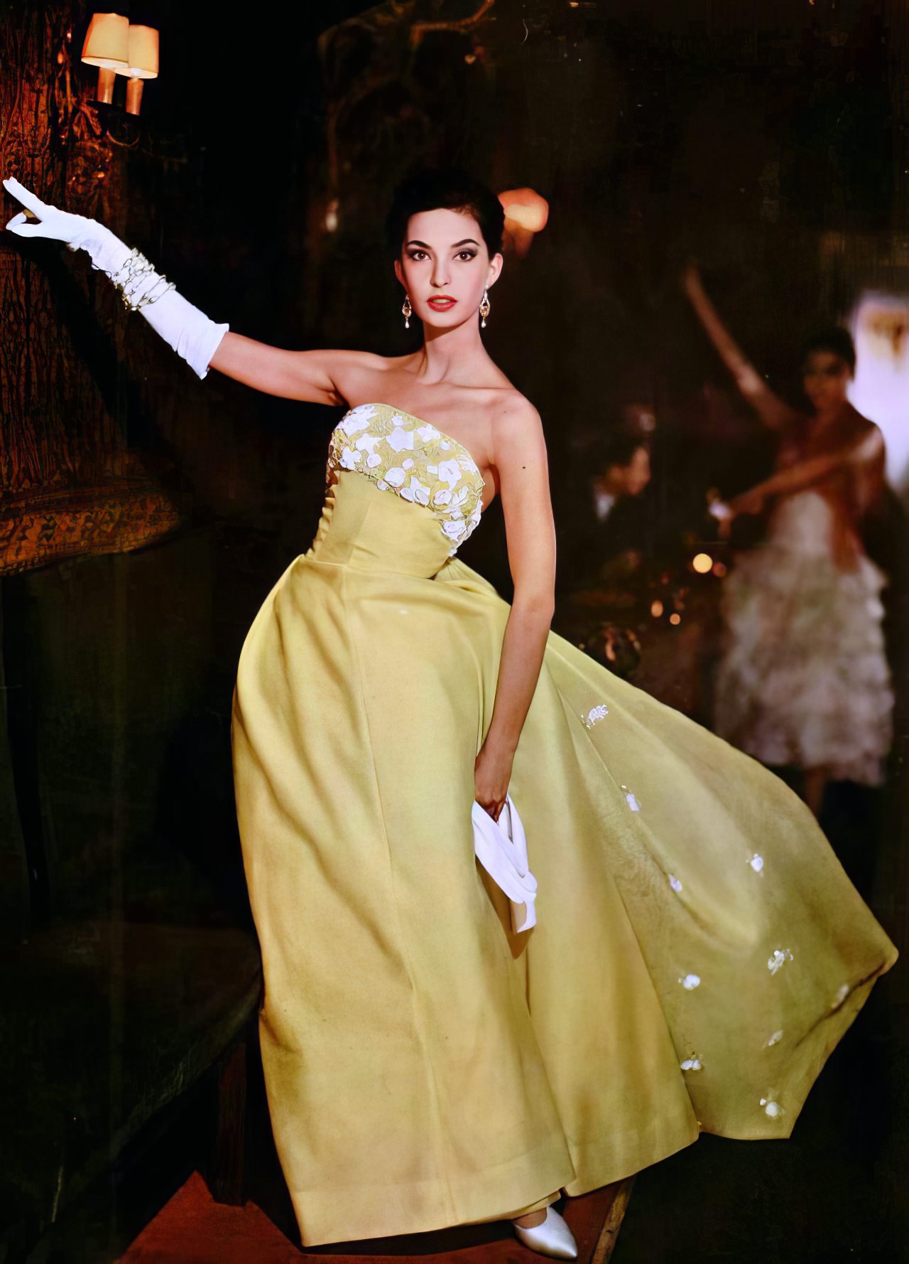 Maria Solar In A Pale Yellow Organdy Evening Gown By Jean Patou, 1958.