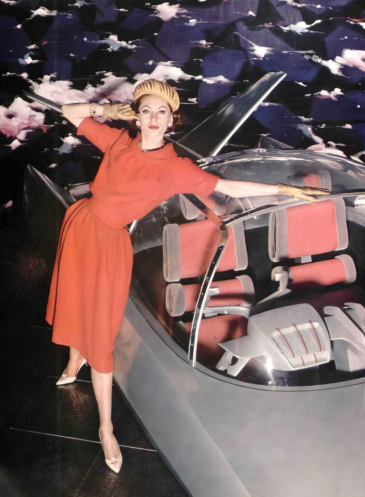 Ghislaine Arsac In A Red Wool Dress By Jean Patou Next To Simca'S &Amp;Quot;Fulgur&Amp;Quot;, 1959.