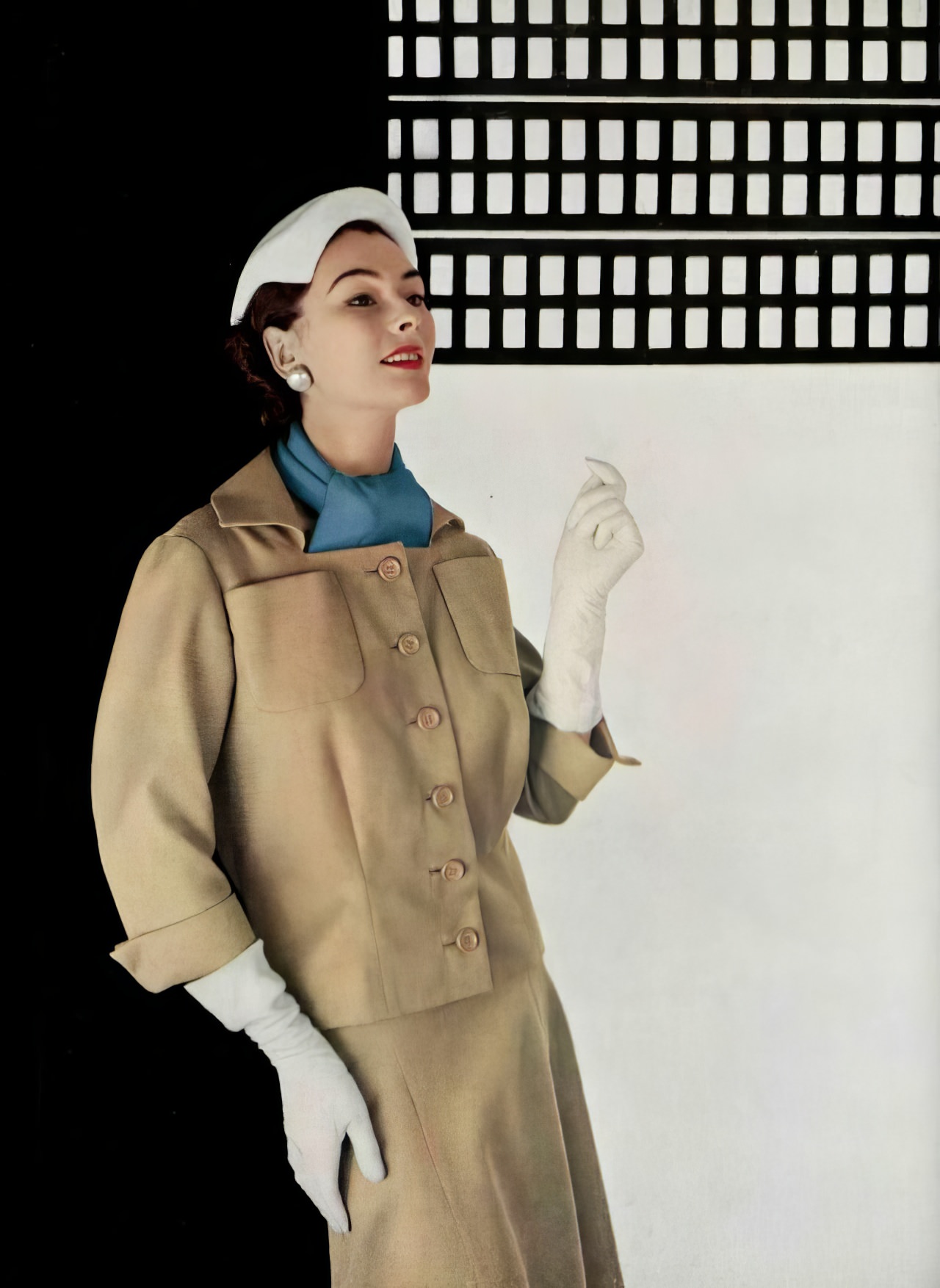 Anne Gunning In A Tan Cotton Piqué Suit By Jean Patou, 1953.
