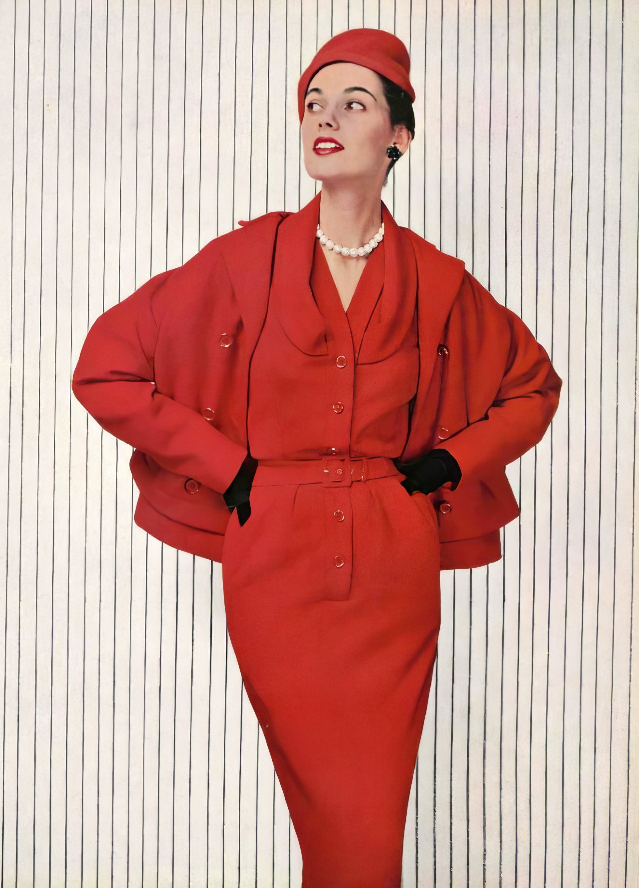 Joan Whelan In A Red Jersey Day-Dress And Jacket By Jean Patou, 1953.