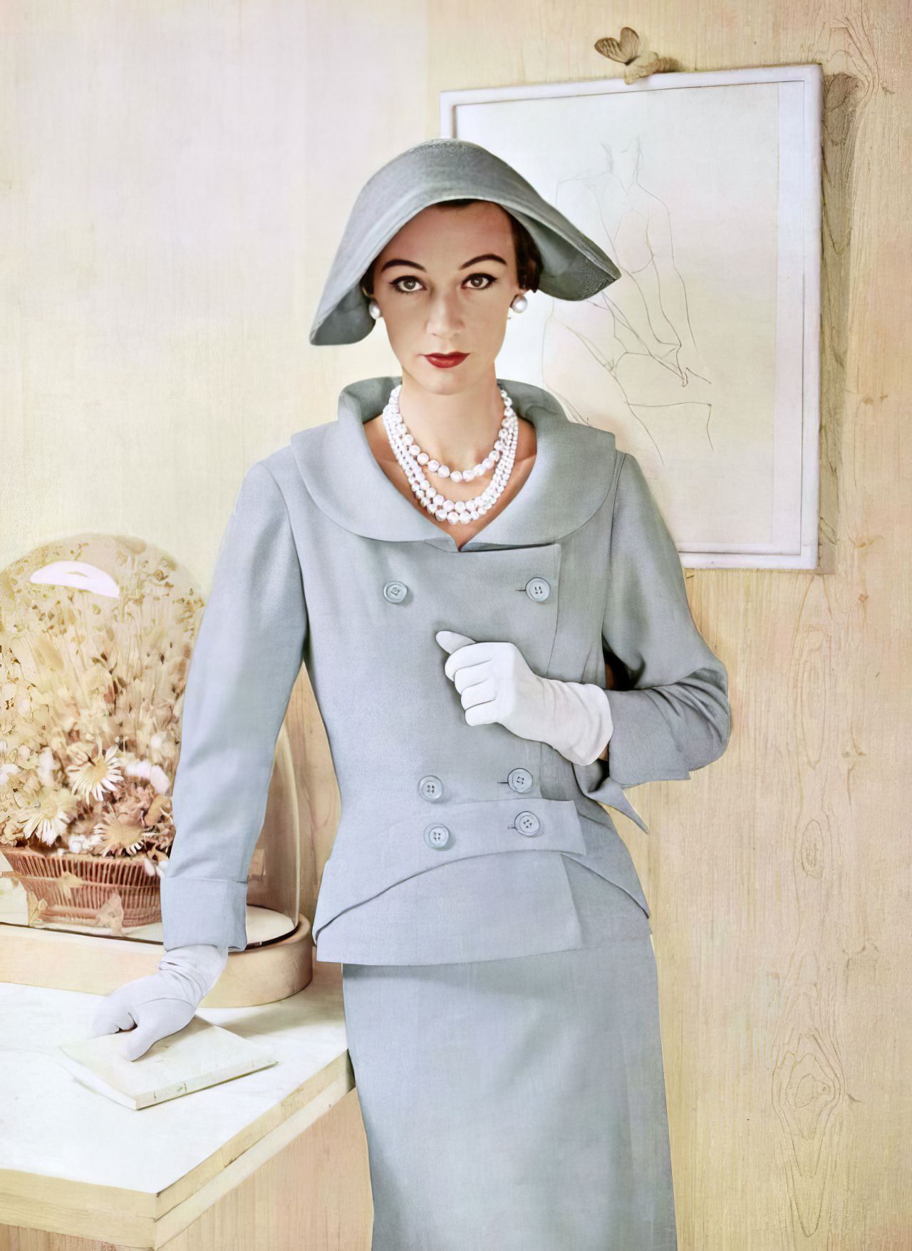 Sophie Malgat In A Pale Blue Linen Suit By Jean Patou, 1953.