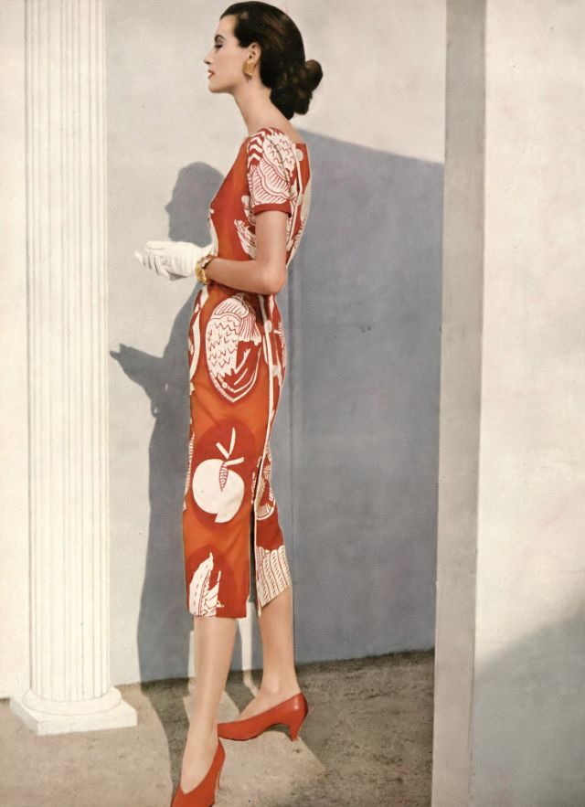Joan Romano In Simple Sheath With Slit Sides Of A Vibrant Japanese Print On Cotton By Tina Leser, Shoes By I.miller, Photo By Horst P. Horst, Vogue, January 1956