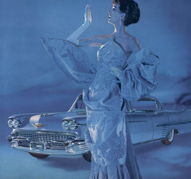 Joan Romano In Gown By Scaasi, Cadillac Ad, Vogue, February 1, 1958