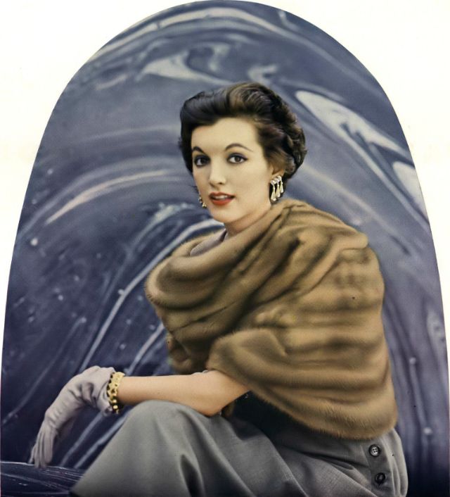 Joan Romano In Topaze Emba Mink Stole By Ritter Bros., Dress By Christian Dior, Jewelry By Cartier, Photo By Virginia Thoren, Vogue, February 15, 1954