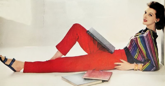 Joan Romano In Bright Red Wide Wale Corduroy Slacks And Colorful Sheer Wool Jacket, Photo By Sharland, Ladies' Home Journal, October 1955