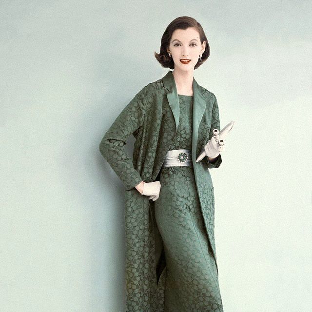 Joan Romano In Emerald Brocade Sheath With Matching Full Length Coat, Bound In Satin By Rosecrest In Cohama'S Fabrics, With Superb Gloves And Albert Weiss Pin, Photo By Leombruno-Bodi, 1955