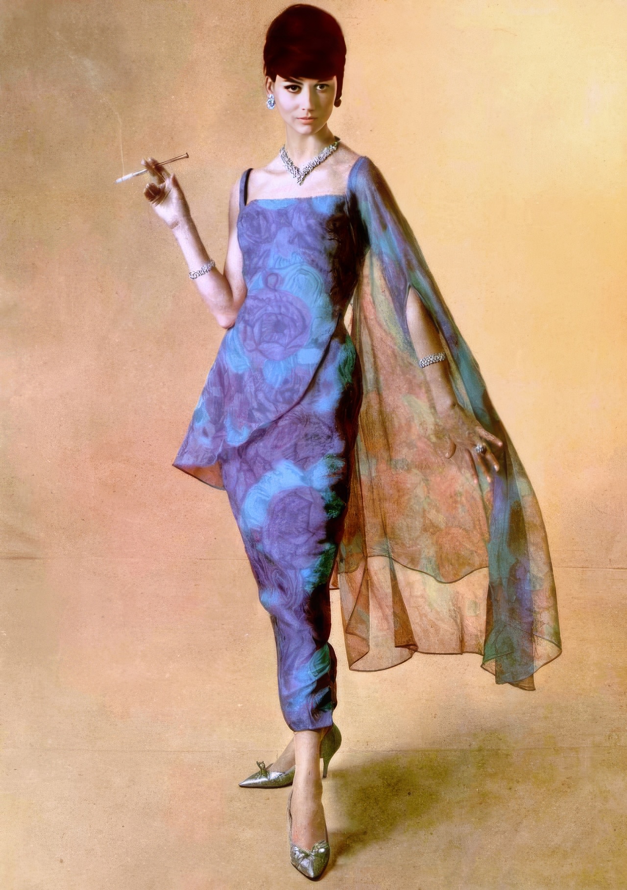 Katherine Pastrie In A Floral Print Chiffon Dress By Jacques Heim, 1961.