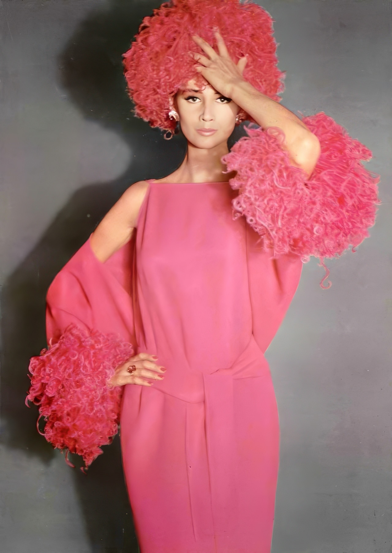 Katherine Pastrie In A Pink Crêpe Dress By Pierre Cardin, 1962.