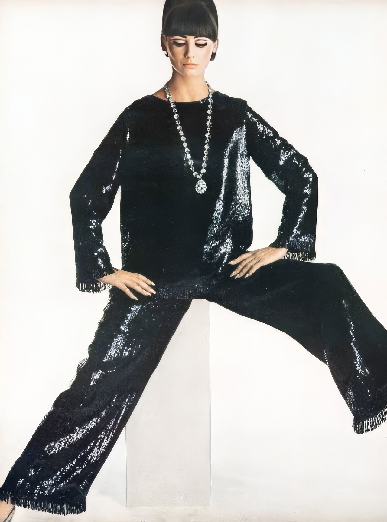 Katherine Pastrie In Sparkling Pyjamas By Norman Norell, Vogue, April 1, 1966.