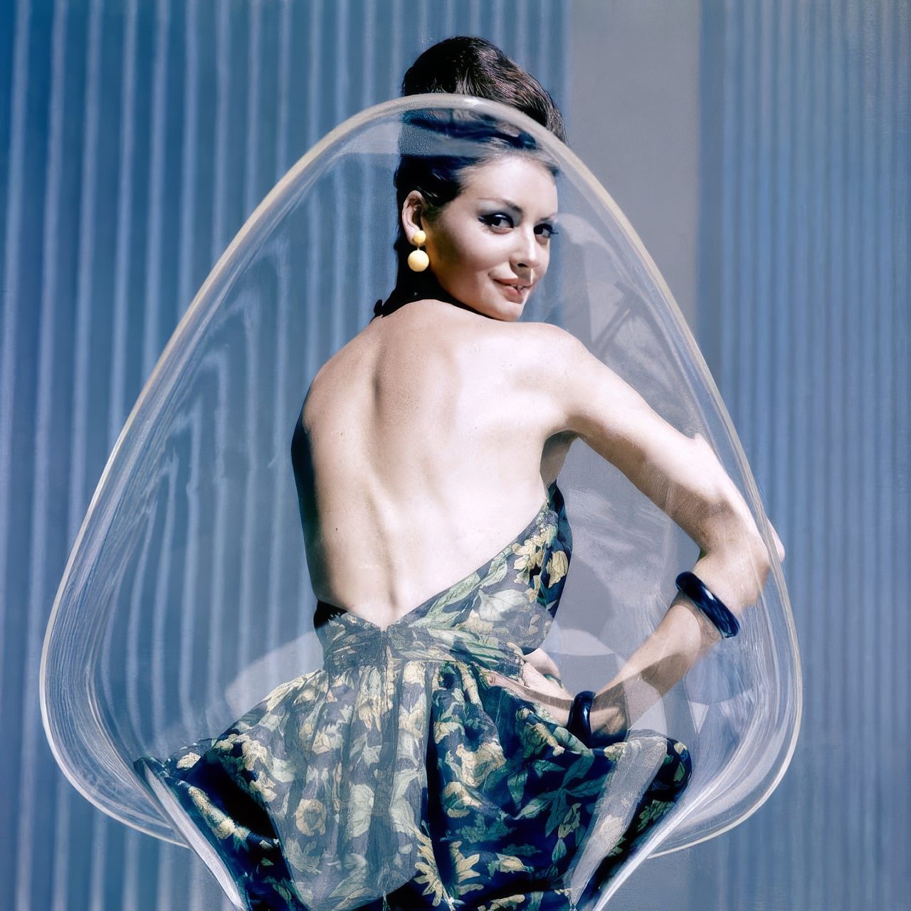 Katherine Pastrie In A Silk Surah Halter Dress By Masket Bros., 1960.