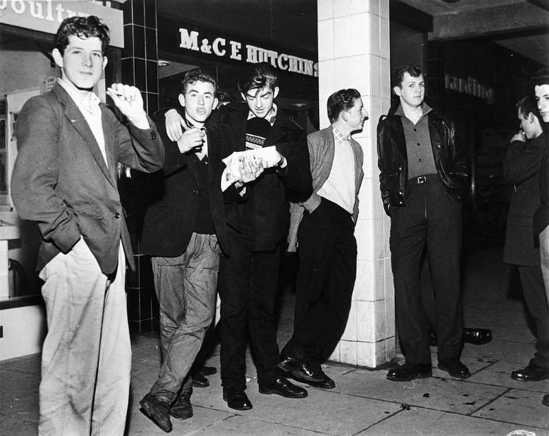 Youths At The Fish And Chip Shop In Newtown Aycliffe, Durham, October 1959.