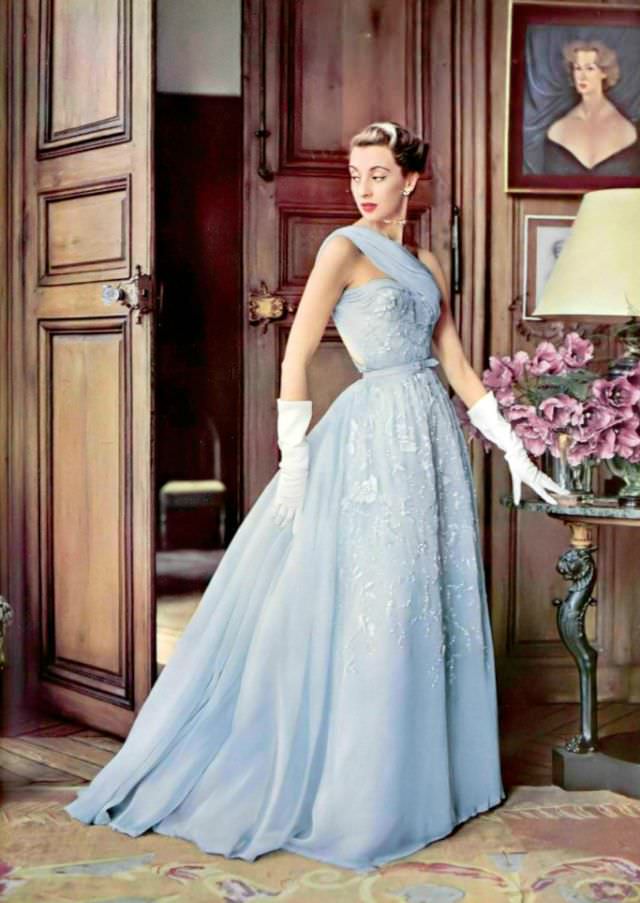 Marie-Thérèse In An Evening Gown Of Pale Blue Embroidered Chiffon By Pierre Balmain, 1952.