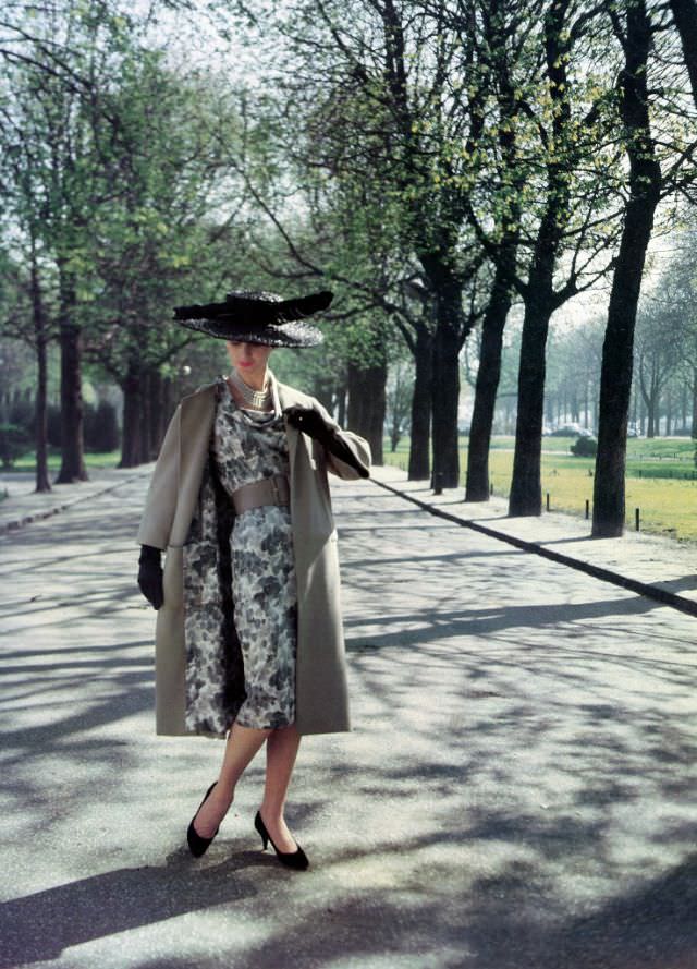 A Model Is Wearing Balmain'S Print Ensemble From The Spring/Summer Collection Of 1958.