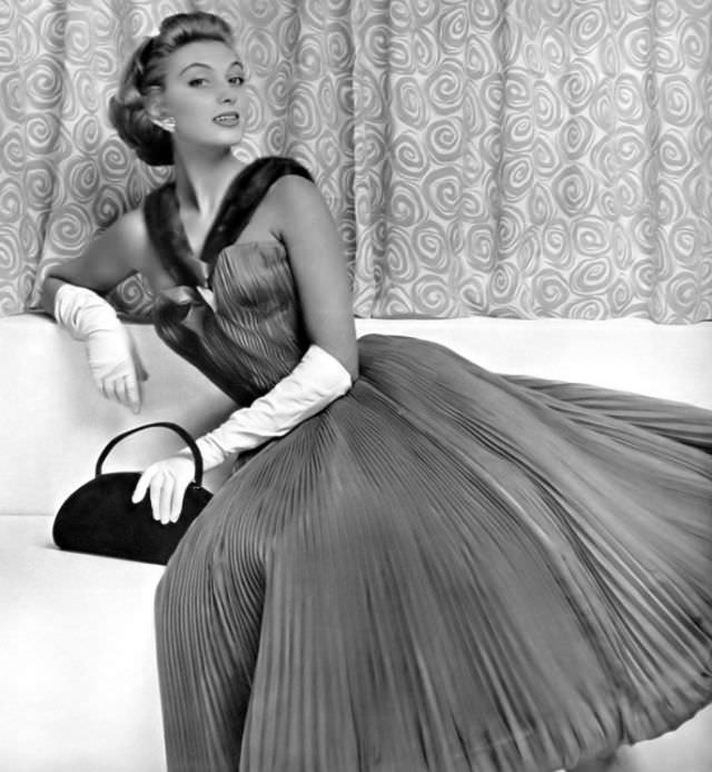Marie-Hélène Arnaud In Lovely Pleated Chiffon Dress Adorned With Mink Straps By Jacques Heim, Photo By Philippe Pottier, 1954