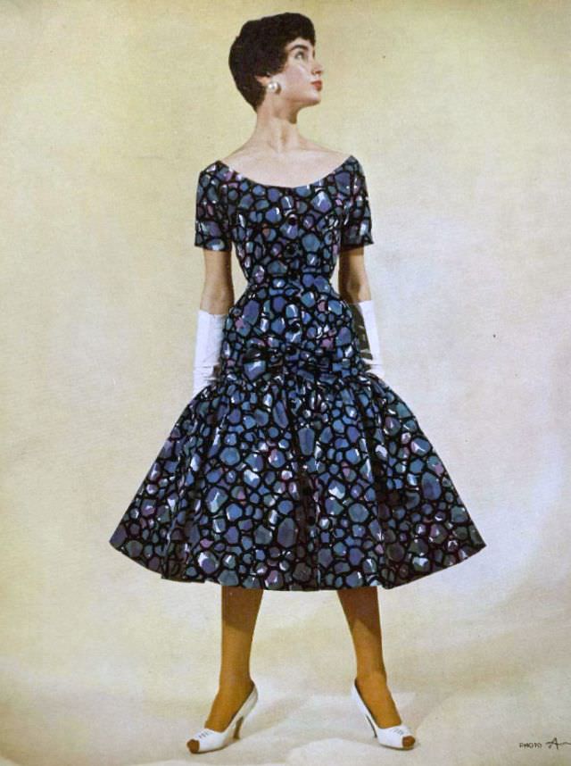 Model In Charming Silk Print Dress By Jacques Heim, Photo By Guy Arsac, 1954