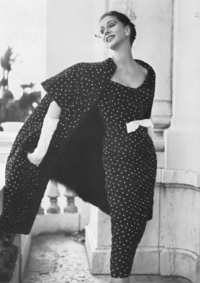 Suzy Parker In Polka-Dot Sheath With Matching Coat By Jacques Heim, Paris Vogue, February 1954