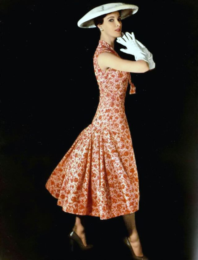 Ann Farrar In Lovely Floral Print Afternoon Dress By Jacques Heim, Photo By Georges Saad, 1955
