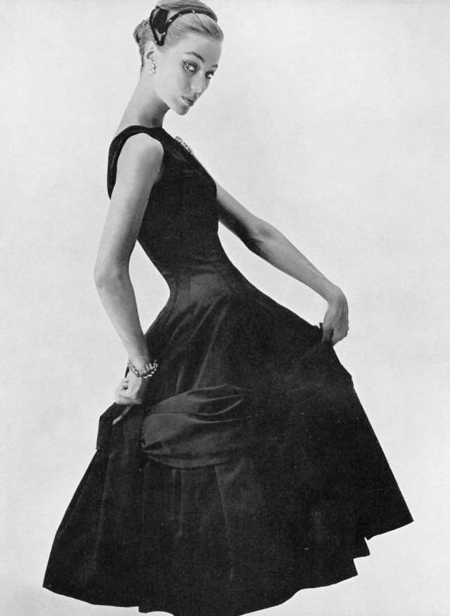 Lena Madsen In Black Faille Cocktail Dress By Jacques Heim, 1955